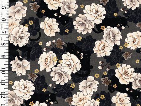 *Quilt Gate - Neko Mini Cats & Peonies - HR3450-11F - CHARCOAL (DARK GRAY) on Sale