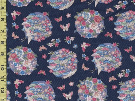 *Japanese - Floating Floral Balls with Butterflies, Blossoms, Pines & Cranes - TAK TM-7702-C - Navy For Cheap