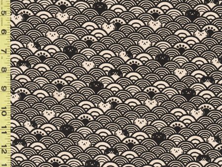 Japanese Novelty - Cosmo Cat Faces & Waves - AP41903-2D - Black & Tan - Last 7 8 Yard Hot on Sale