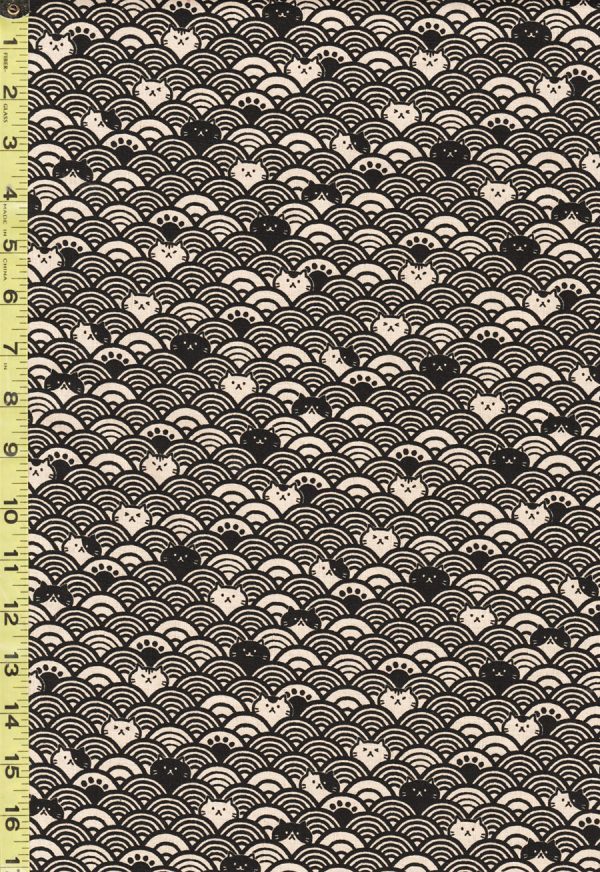 Japanese Novelty - Cosmo Cat Faces & Waves - AP41903-2D - Black & Tan - Last 7 8 Yard Hot on Sale