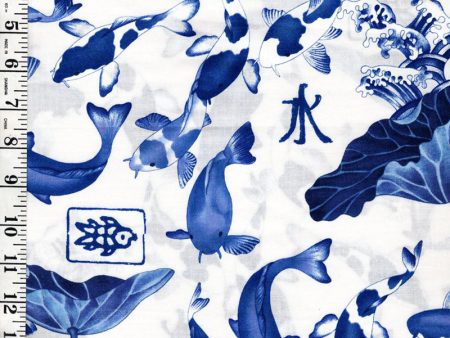 *Asian - Koi, Lotus & Waves - C744 - Blue & White - Last 1 2 yard & 1 8th yard piece For Discount