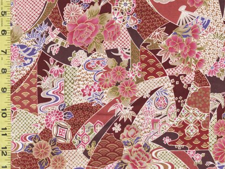 *Japanese - Compact Japanese Floral Collage with Japanese Motifs - TAK TM-7701-B - Maroon Fashion