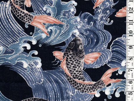 *Japanese - Koi (Carp) Toss in Crested Waves - Oxford  Canvas Cloth - Indigo - Last 1 1 2 yards Hot on Sale